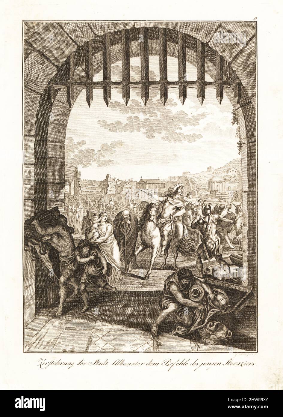 La destruction de la ville latine d'Alba Longa sous les ordres des triplés romains Horatii ou des frères Horatius. Les Romains pillent et pillent la ville près de la porte. Destruction d'Albe sous les ordres d'Horace. Gravure sur plaque de coperplate par Johann Georg Mansfeld d'après un dessin de Gabriel de Saint Aubin du Professeur Joseph Rudolf Zappe Gemalde aus der romischen Geschichte, photos d'histoire romaine, Joseph Schalbacher, Vienne, 1800. Édition allemande de l’abbé Claude François Xavier Millot, Abrege de l’Histoire Romaine. Banque D'Images