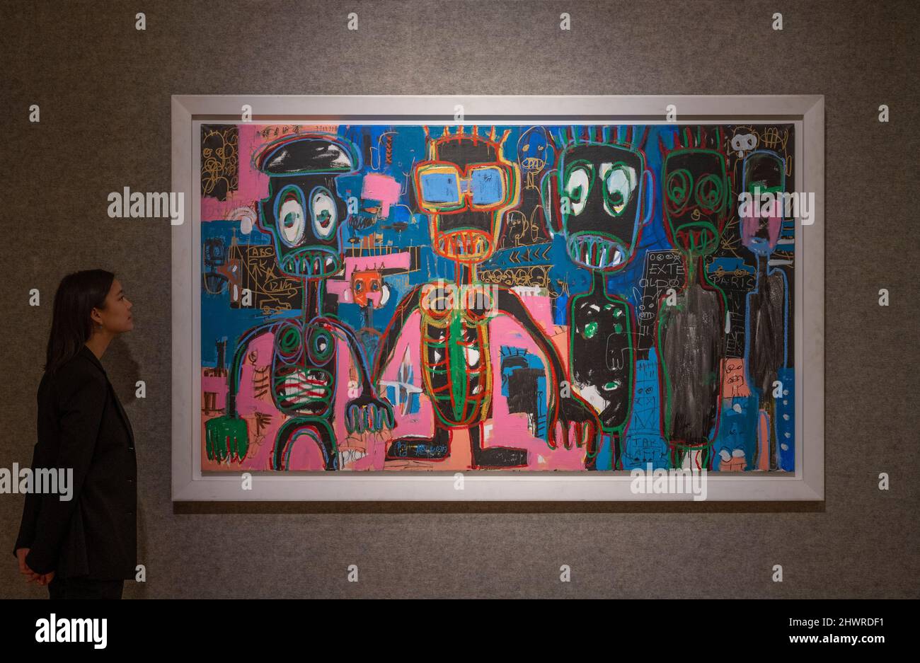 Bonhams, Londres, Royaume-Uni. 7 mars 2022. La vente d'art africain moderne et contemporain a lieu le 9 mars à Bonhams New Bond Street. Image: Abdoulaye Diarrassouba 'Aboudia' (ivoirien, né en 1983), sans titre, 2016. Environ 40 000 à 60 000 £. Crédit : Malcolm Park/Alay Live News Banque D'Images