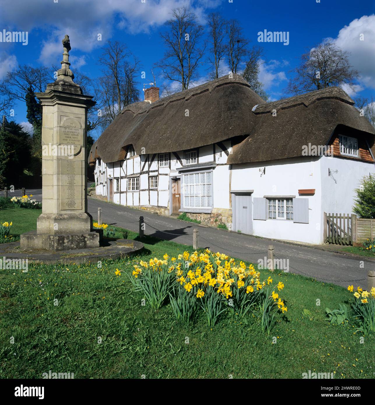 Jonquilles sur le village vert avec le mémorial de guerre, Wherwell, Hampshire, Angleterre, Royaume-Uni, Europe Banque D'Images