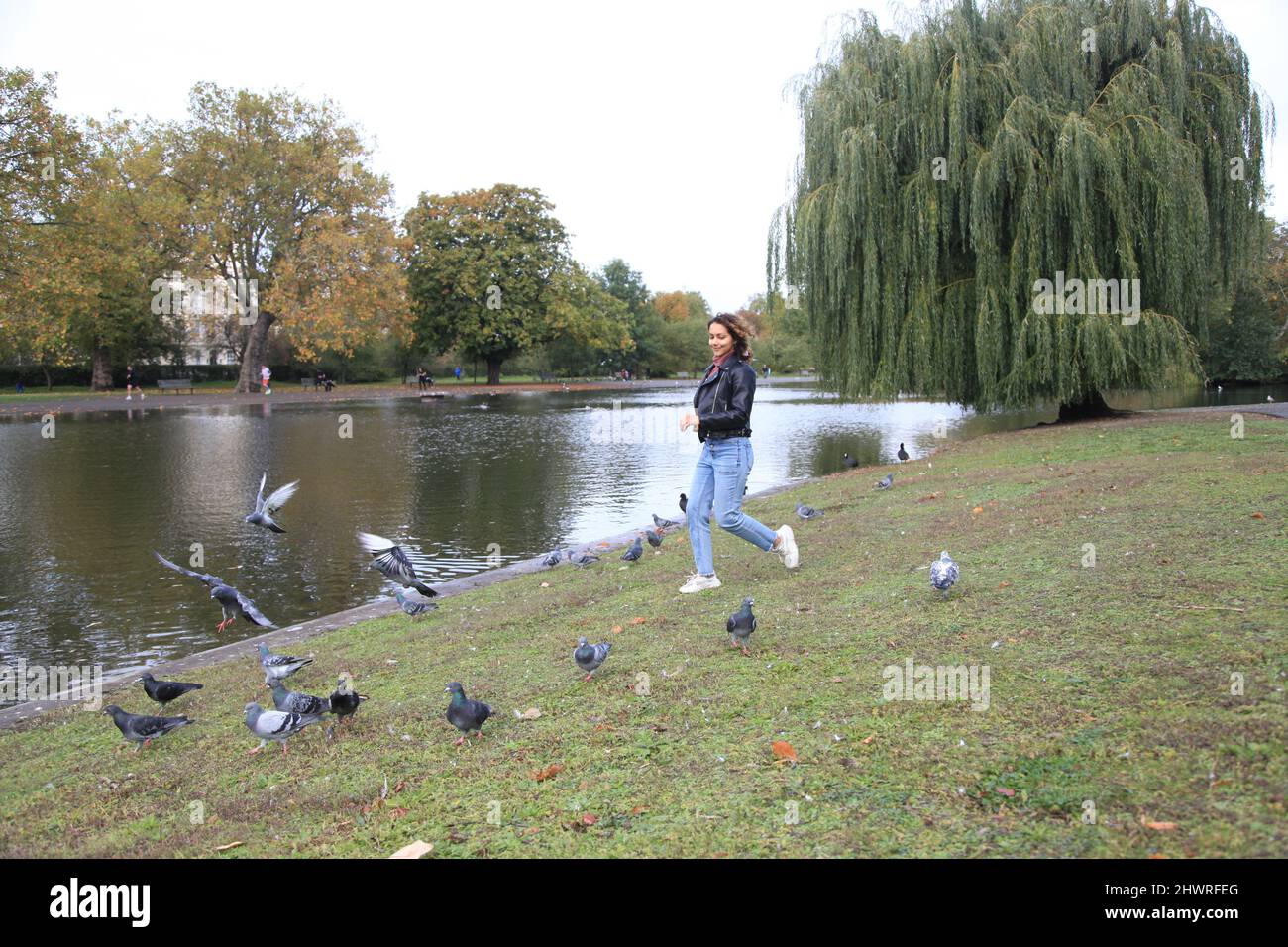 Fille qui court avec des pigeons dans le Regent Park de Londres Banque D'Images