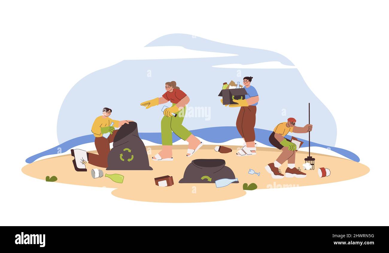 Les bénévoles de plat collectent différents types de déchets, ramassent les ordures sur la plage de mer. Les personnes qui ont des sacs poubelle et râteau nettoient les déchets ou les déchets pour les recycler. Concept des problèmes écologiques et de la pollution des océans. Illustration de Vecteur