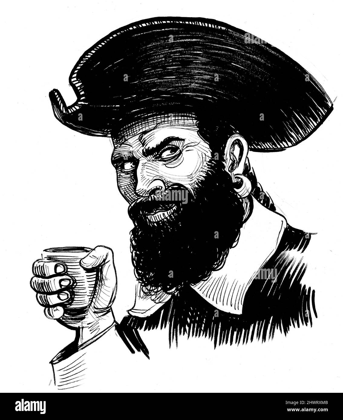 Dessin noir et blanc d'un rhum pobu par un pirate Banque D'Images