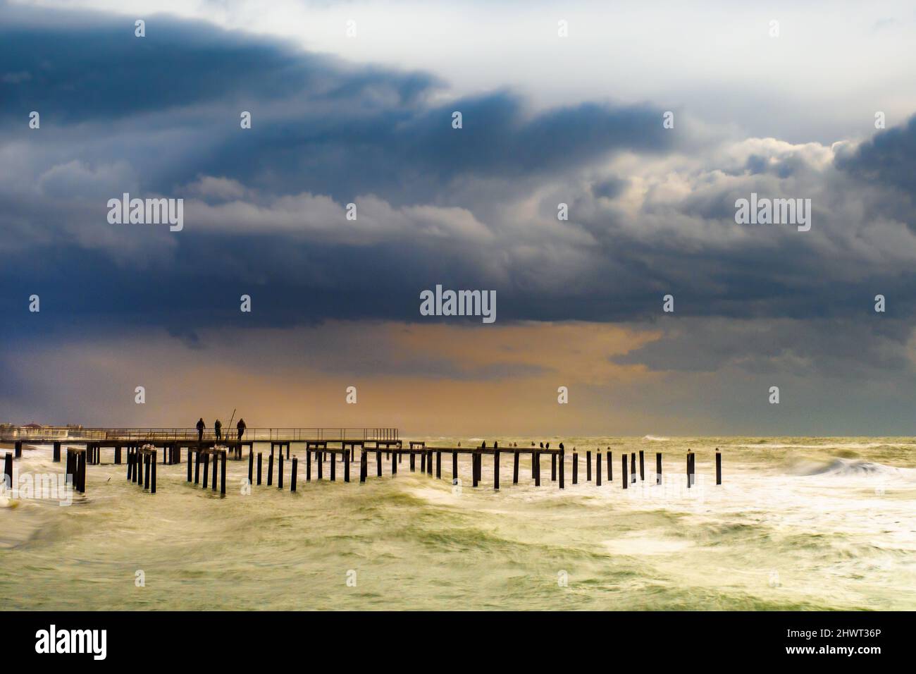 Poteaux en bois dans la mer d'Ostia Lido - Rome, Italie Banque D'Images