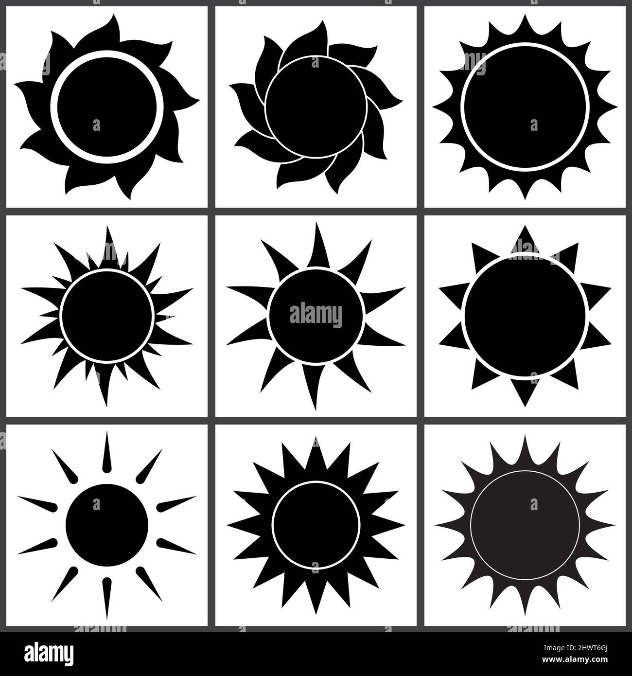 Ensemble de silhouette de soleil. Icônes noires de différentes formes de soleil. Illustration vectorielle isolée sur blanc Illustration de Vecteur