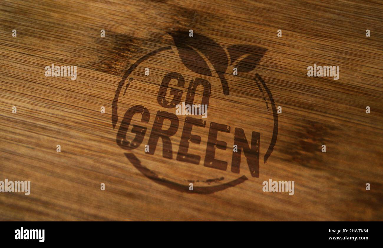 Logo vert et écologique imprimé sur une boîte en bois. CO2 neutre, écologie, environnement, nature et climat. Banque D'Images