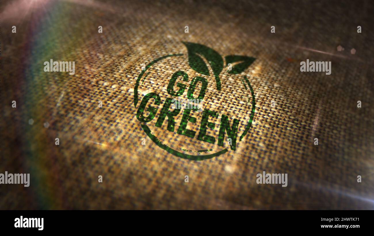 Timbre vert et écologique imprimé sur le sac de lin. CO2 neutre, écologie, environnement, nature et climat. Banque D'Images