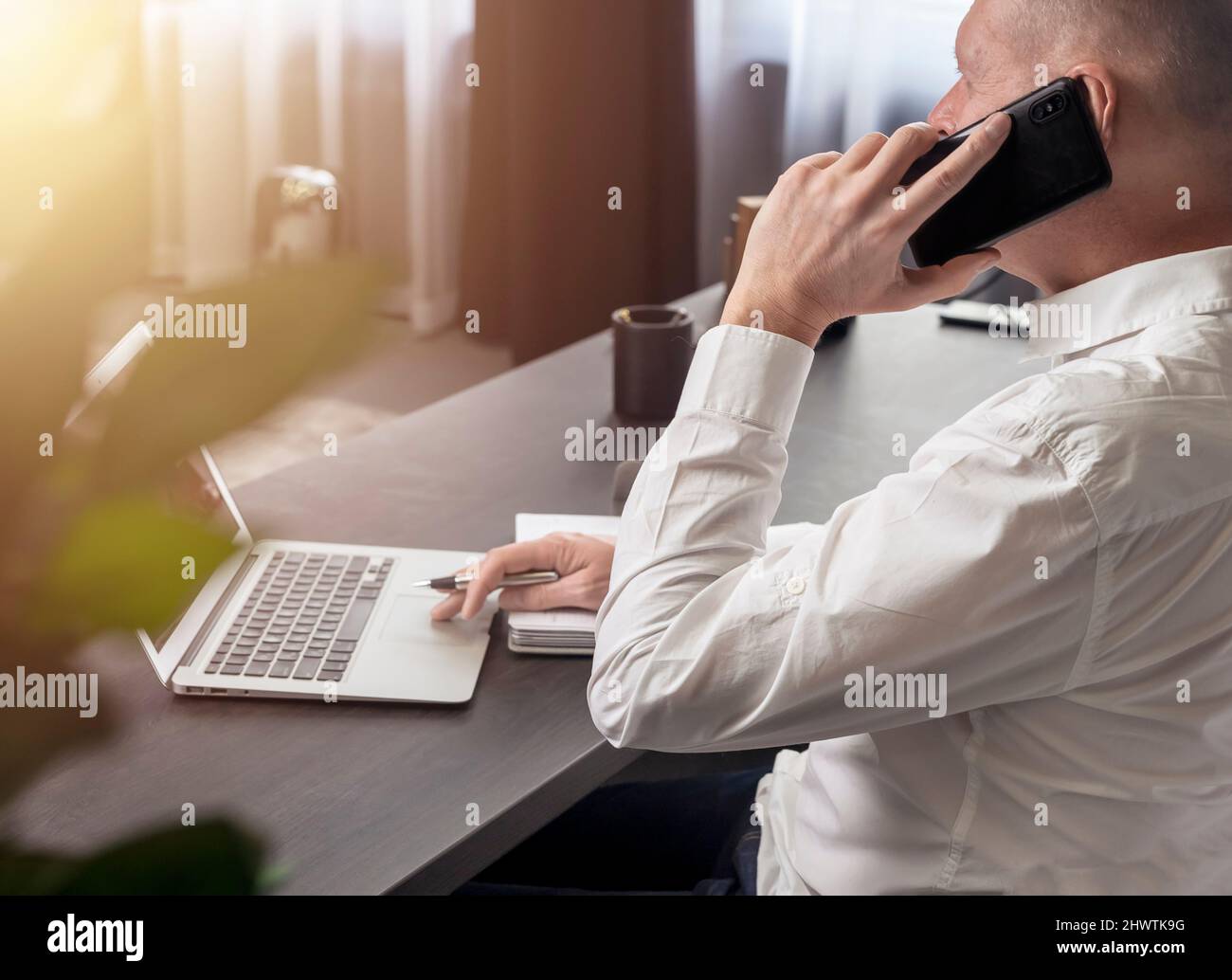 Homme d'affaires parlant sur un téléphone portable tout en regardant l'écran d'un ordinateur portable. Appel professionnel au bureau. Banque D'Images