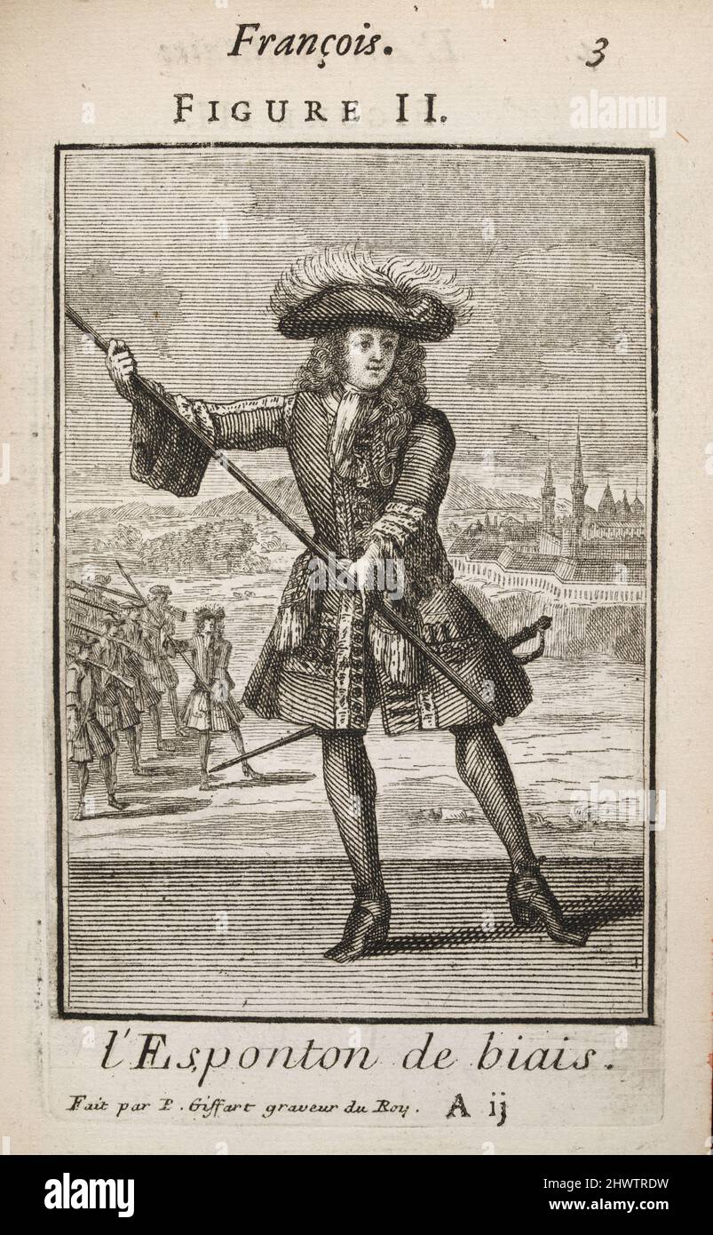 Illustration vintage du capitaine avec le ponton incliné, art militaire français , fin du 17th siècle, 1696 Banque D'Images