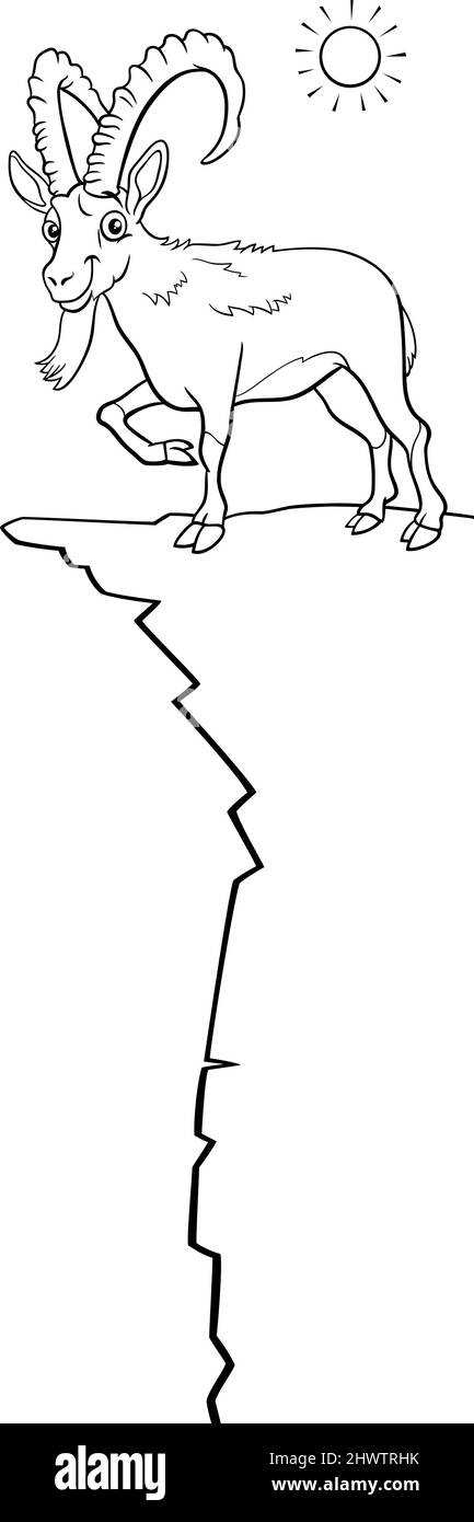 Illustration de dessin animé noir et blanc de caractère animal ibex sur la page de livre de coloriage de montagne Illustration de Vecteur