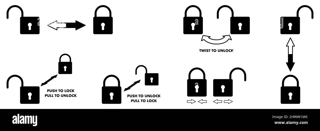 Ensemble d'icônes de cadenas de verrouillage ou de déverrouillage simples, flèches dans différentes directions Illustration de Vecteur