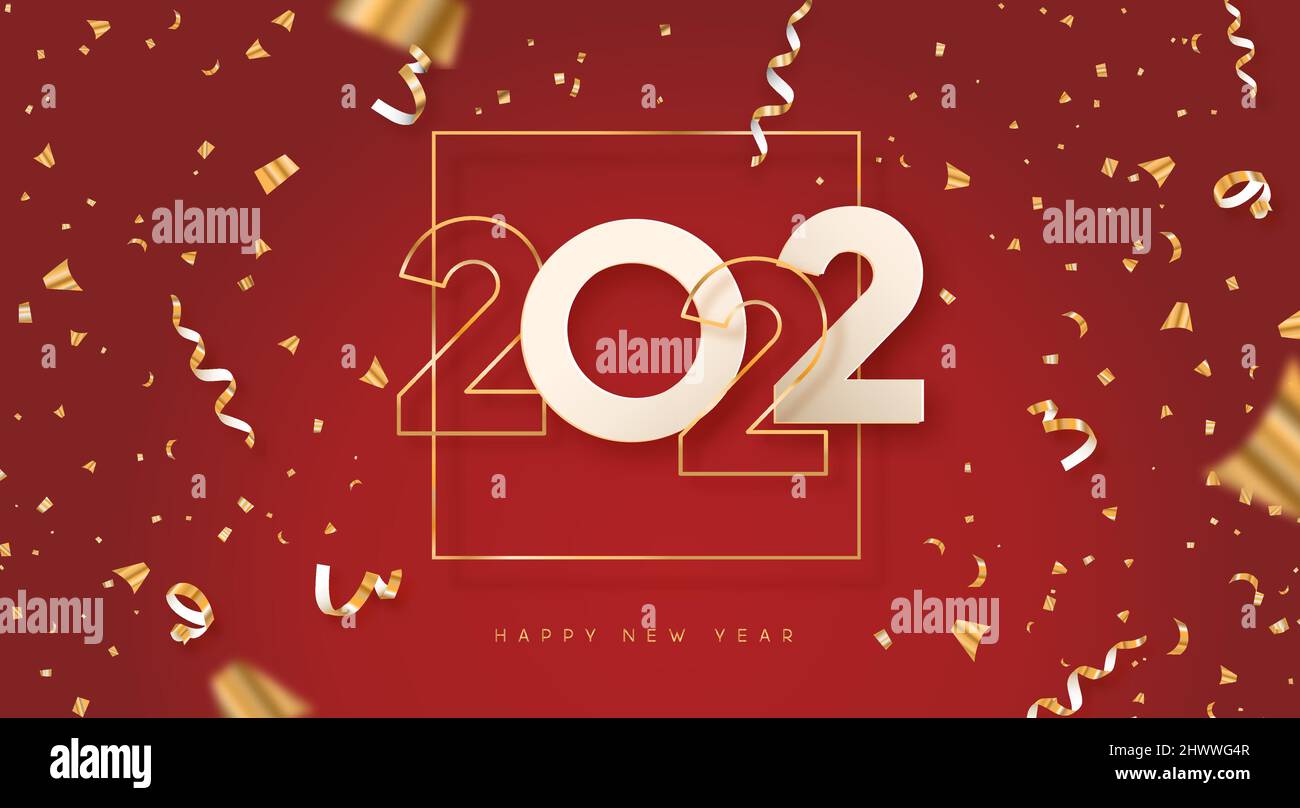 Illustration de la carte de vœux du nouvel an 2022. Signe réaliste de la date de numéro d'or 3D sur fond rouge avec confetti de fête d'or. Célébration de luxe à Illustration de Vecteur