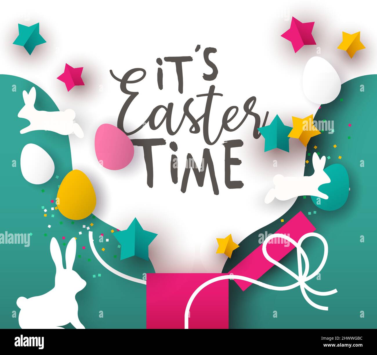 Carte De Vœux De Paques Avec Cadeau De Lapin De 3d Feuilles De Papier Avec Decoration De Papier Et Citation De Texte Festif Illustration Realiste De La Decoupe En Couches Pour Tr