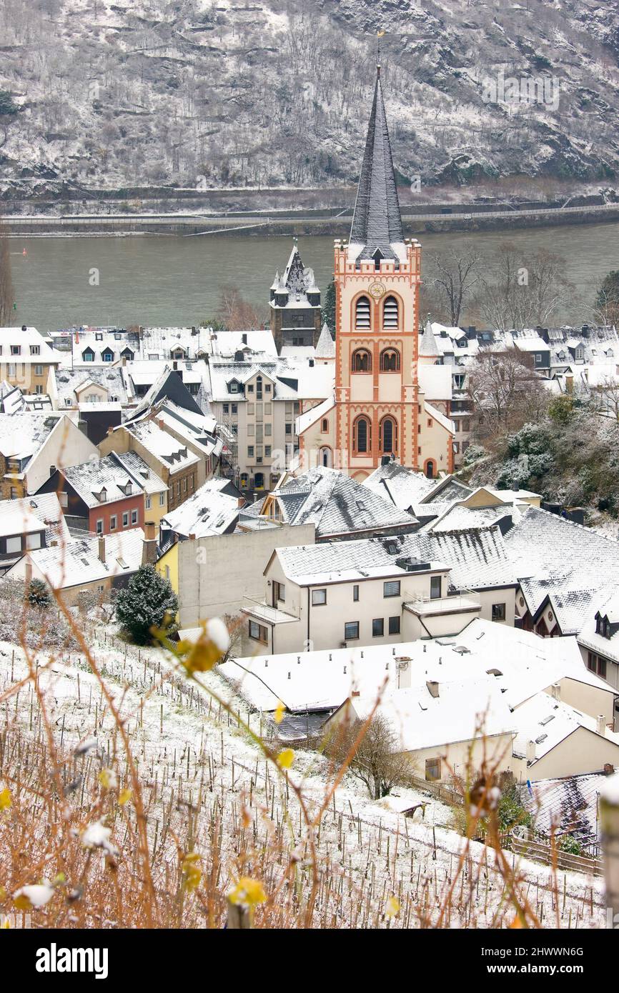 Vue d'ensemble de Bacharach et des vignobles environnants en hiver, Rhénanie-Palatinat, Allemagne Banque D'Images