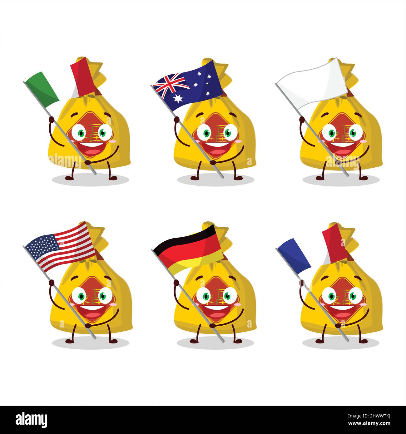 Le personnage chinois de dessin animé de sac jaune apporte les drapeaux de divers pays. Illustration vectorielle Illustration de Vecteur