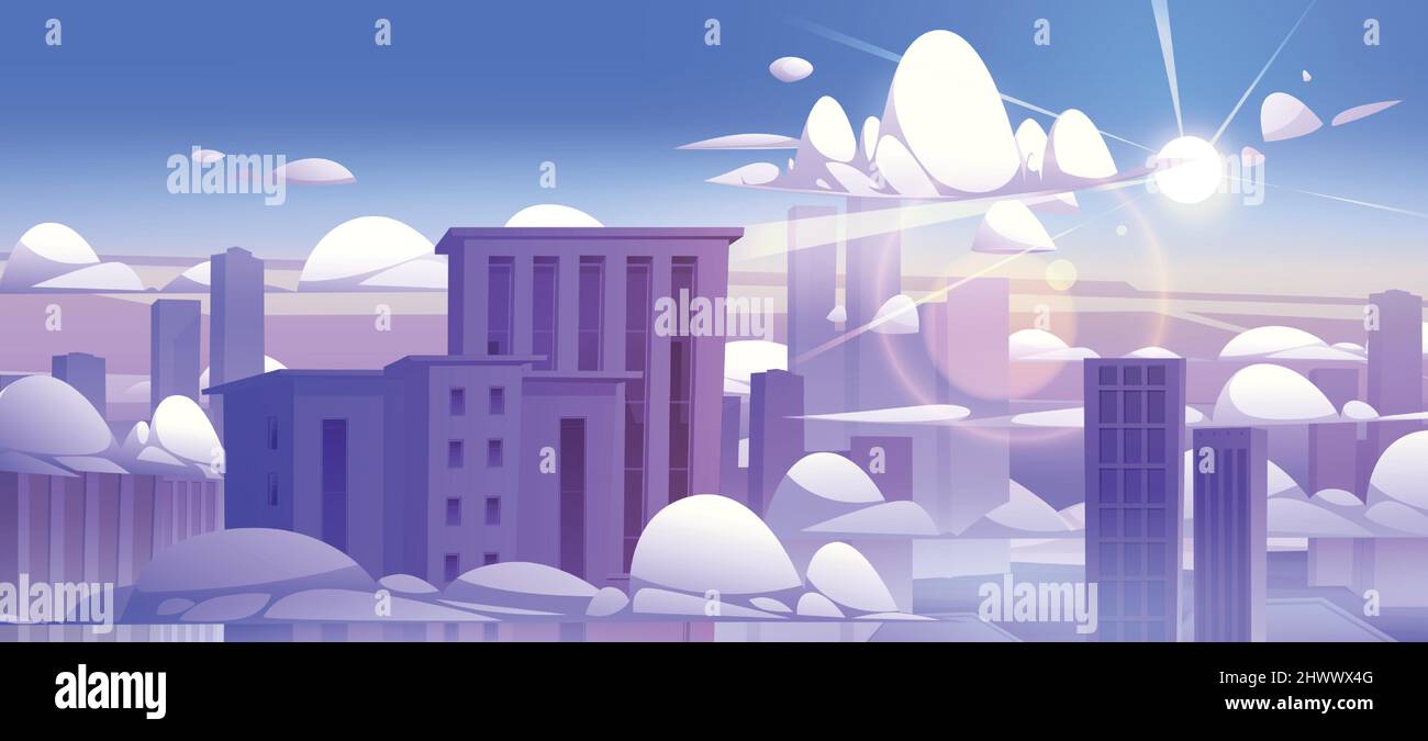 Gratte-ciel au-dessus des nuages, gratte-ciel des bâtiments de la ville toits de jeter un coup d'œil vers le haut de cumulonimbus paysage dans le ciel bleu et le soleil brille. Arrière-plan de la vue urbaine, architecture du centre-ville, illustration vectorielle de dessin animé Illustration de Vecteur