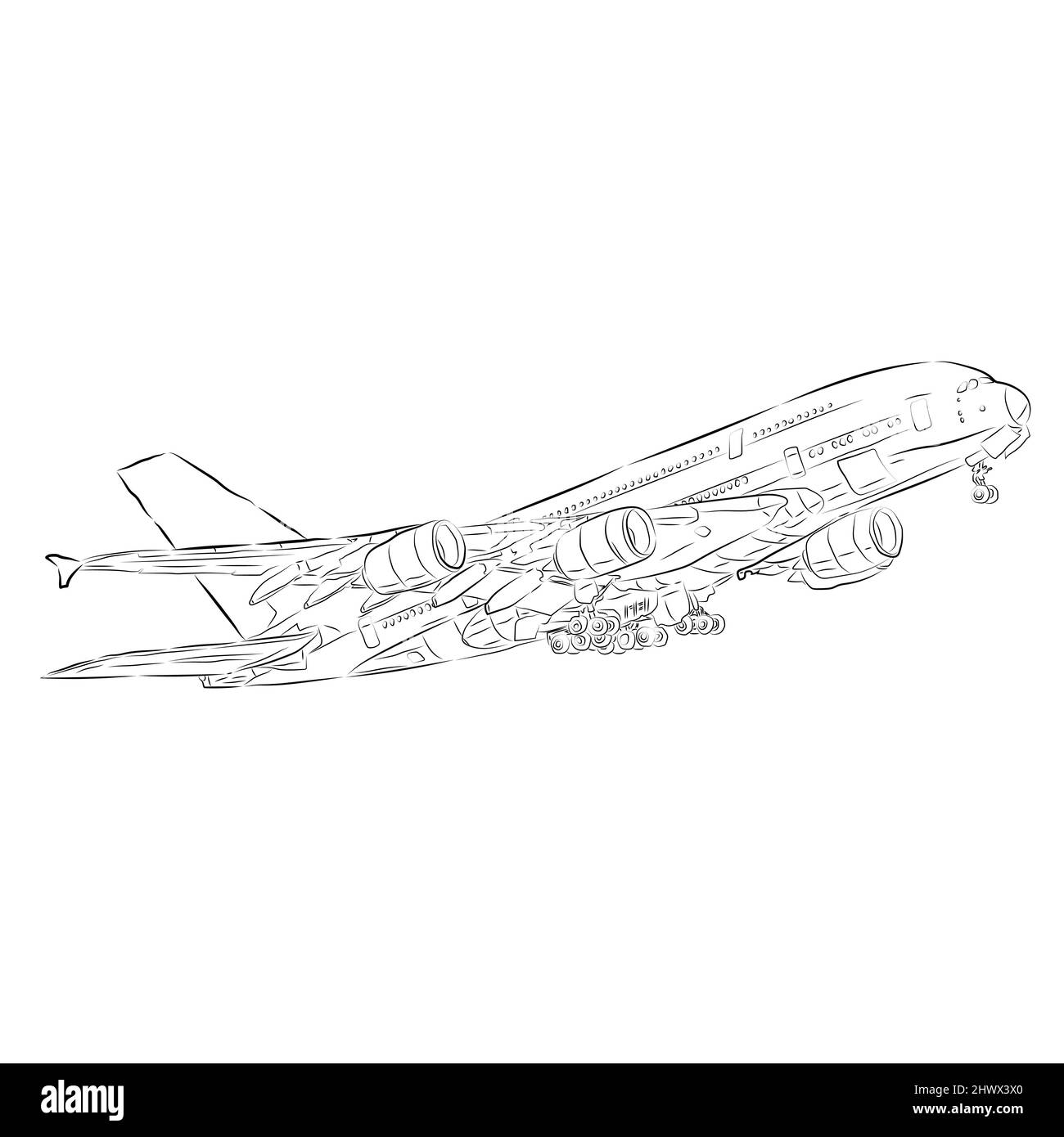 Dessin d'un avion passager avec train d'atterrissage non monté. Le concept de l'aviation aérienne. Illustration de Vecteur