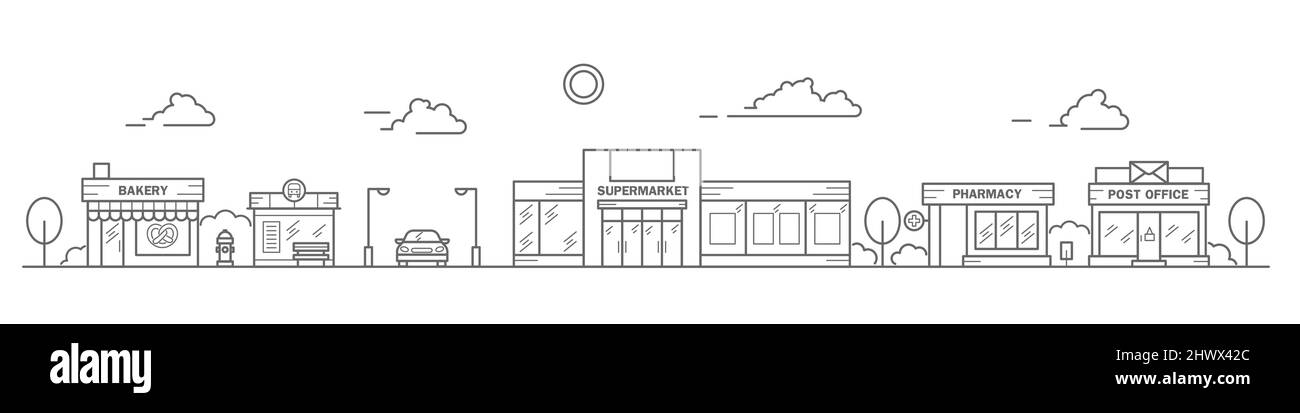 Vue sur la ville dans un style art de ligne. Paysage avec maisons en rangée de boulangerie, arrêt de bus, super marché, pharmacie et bureau de poste. Panorama horizontal de la rue Illustration de Vecteur