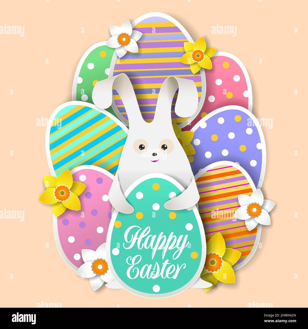 Mignon lapin avec oeufs de Pâques, fleurs, illustration de papier vectoriel coupé. Modèle de carte de vœux Happy Easter. Illustration de Vecteur