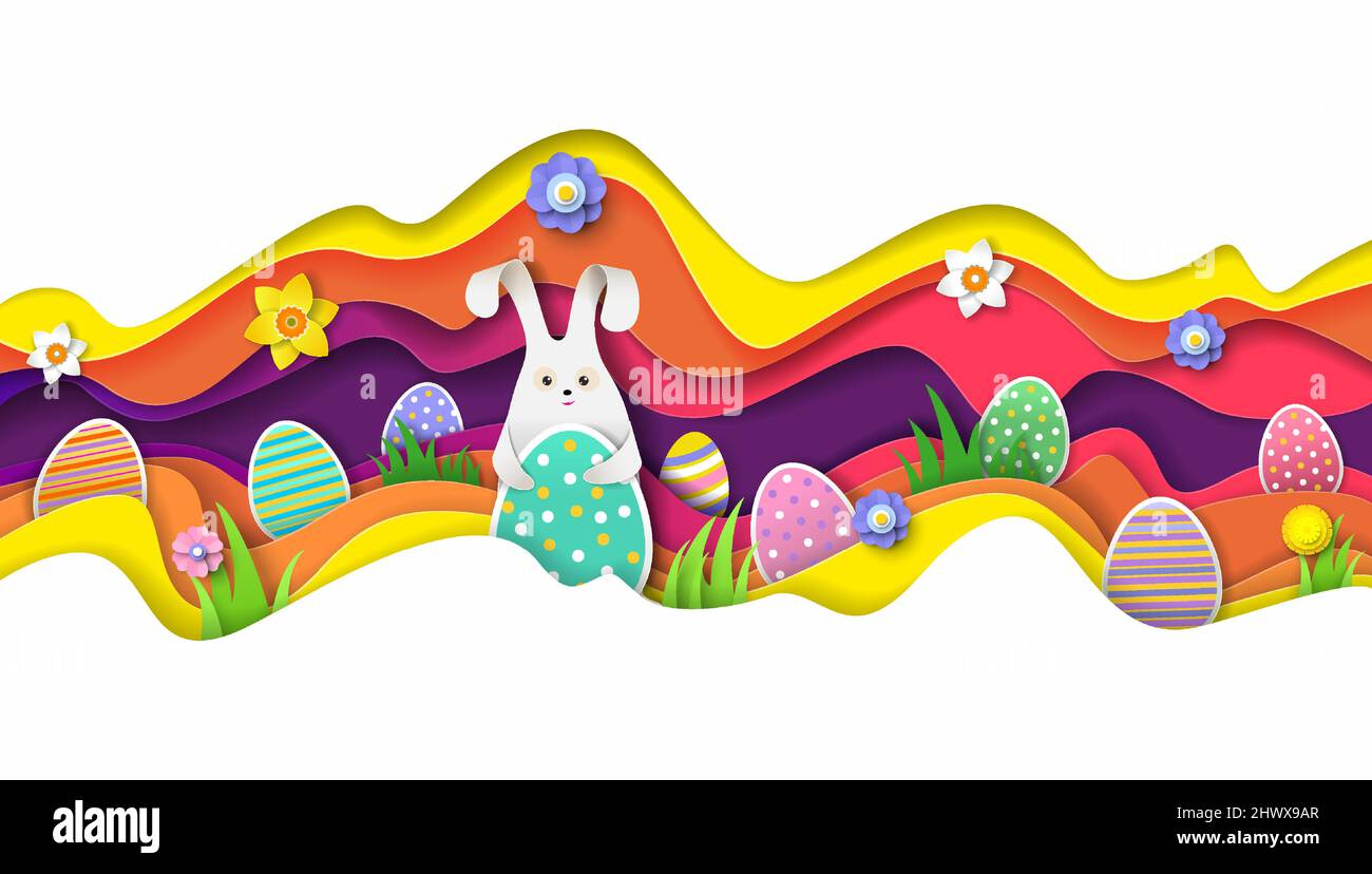 Adorable lapin, œufs de Pâques sur fond ondulé de couleur, illustration de papier vectoriel coupé. Modèle de bannière chasse aux œufs. Illustration de Vecteur