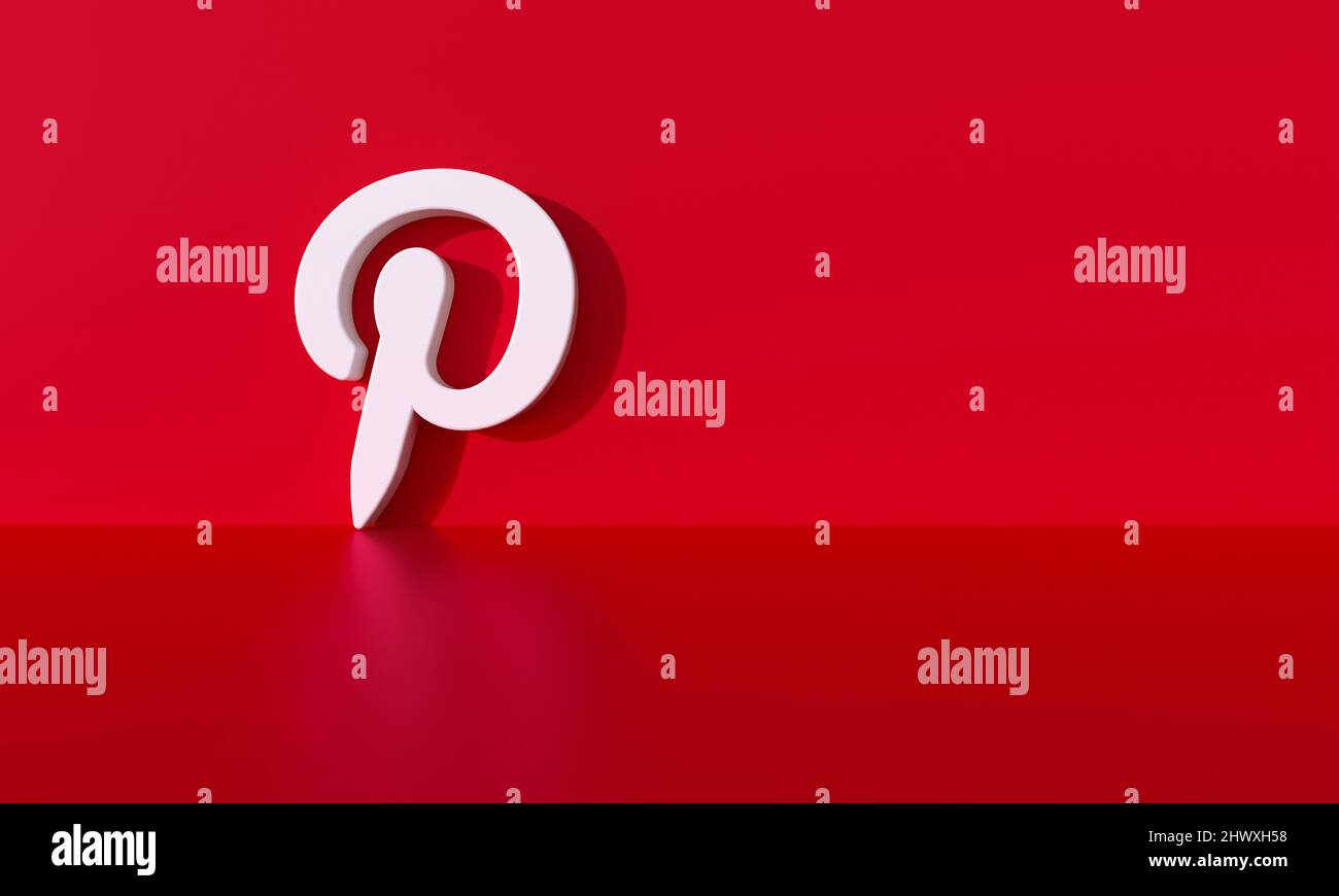 Logo Pinterest sur fond de mur rouge avec ombre dure et espace pour le texte et les graphiques. 3D rendu. Banque D'Images