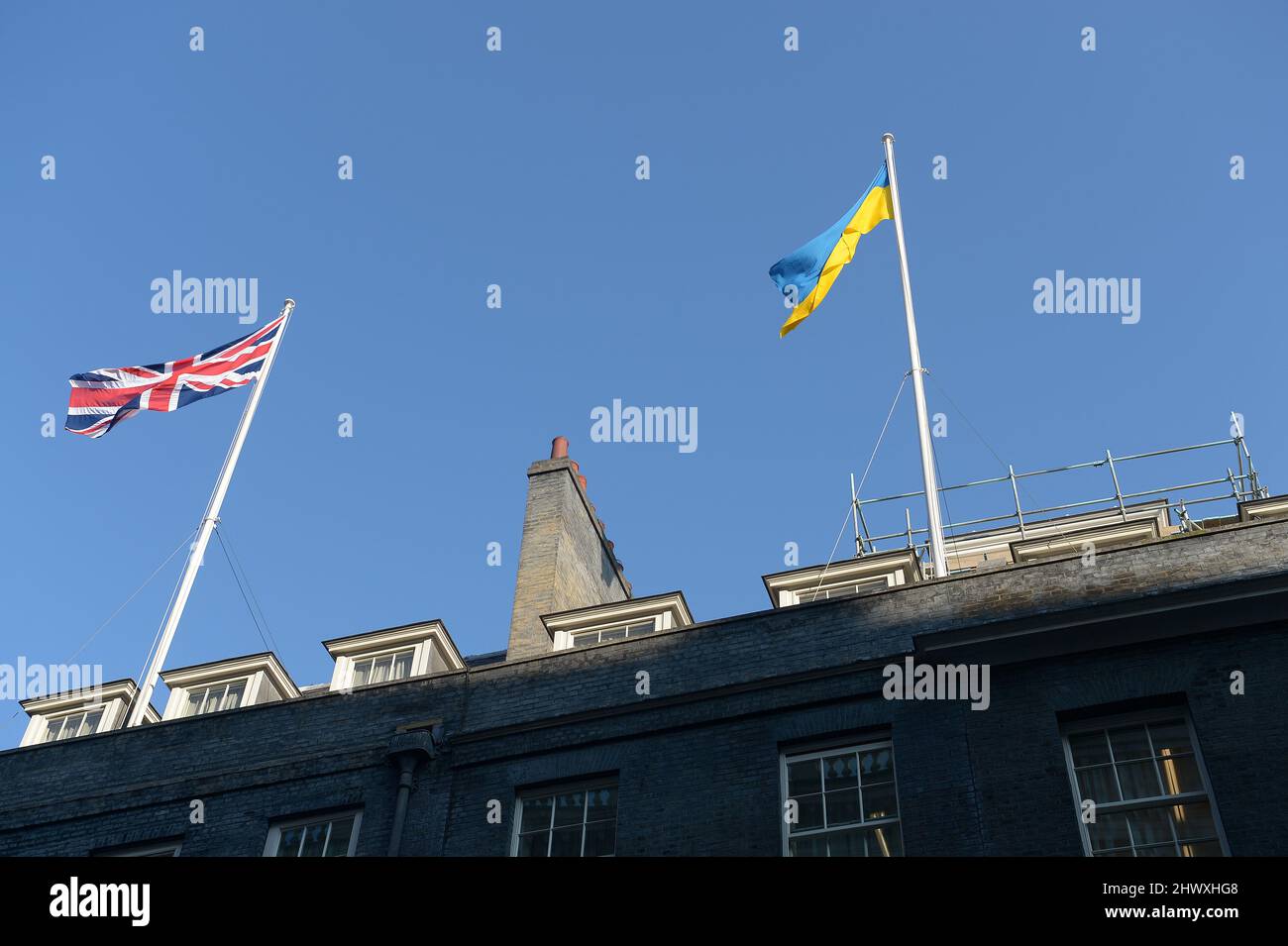 Londres, Royaume-Uni. 8th mars 2022. Downing Street vole le drapeau de l'Union à côté du drapeau de l'Ukraine alors que les ministres arrivent pour une réunion du Cabinet crédit: MARTIN DALTON/Alay Live News Banque D'Images