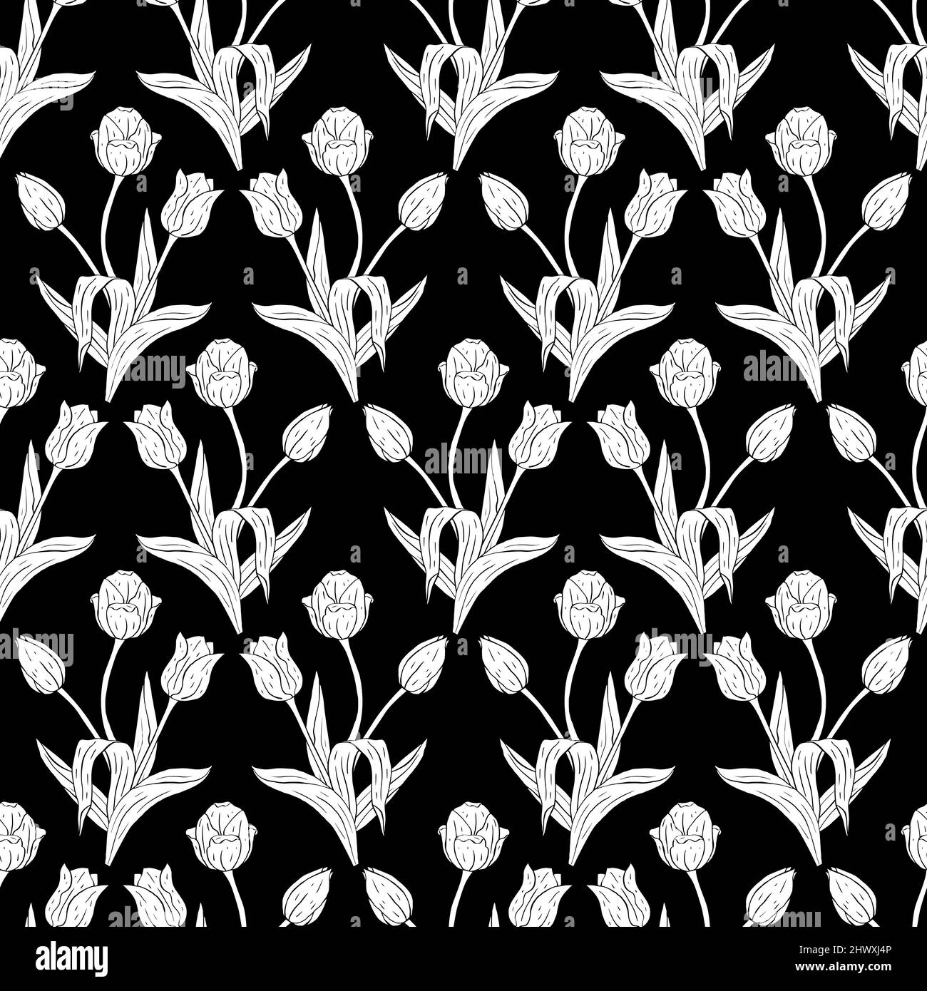 Motif monochrome vintage sans couture avec tulipes fleurs silhouettes blanches sur noir Illustration de Vecteur