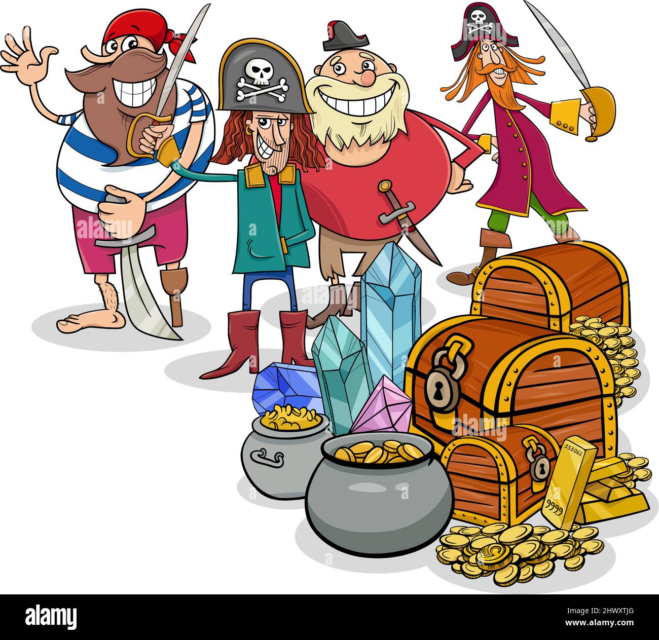 Illustration de personnages de pirates et de trésors avec des pierres précieuses et de l'or Illustration de Vecteur