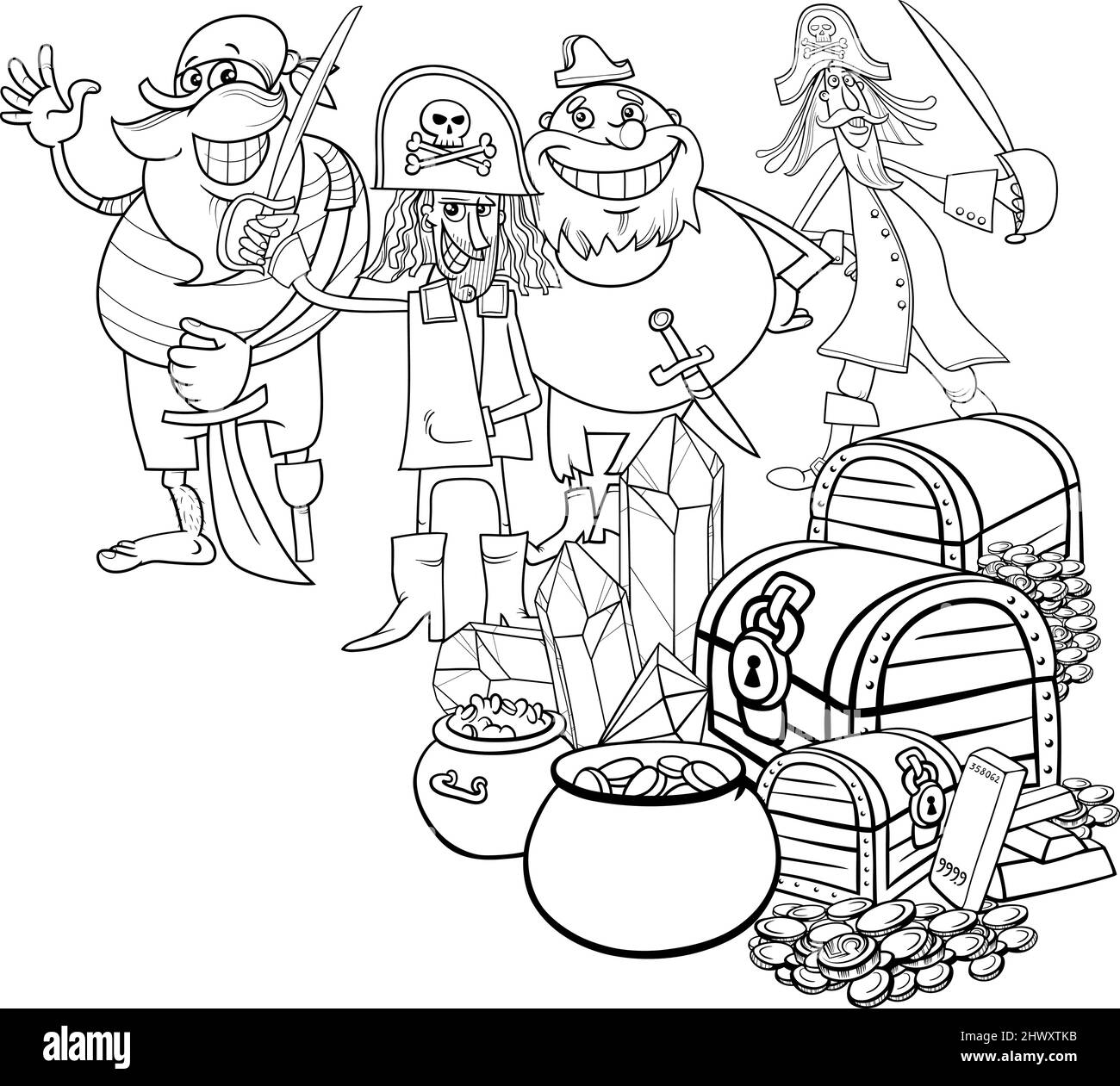 Dessin animé noir et blanc des personnages de pirates et Trésor avec des pierres précieuses et la page de livre de coloriage d'or Illustration de Vecteur