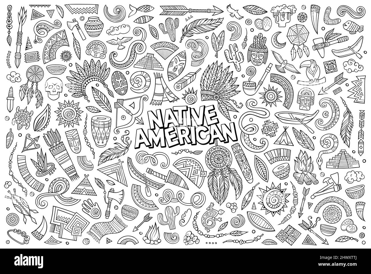 Jeu de dessins animés à motif de dessin au trait d'art vectoriel, comprenant des objets, des symboles et des objets de thème amérindiens Illustration de Vecteur