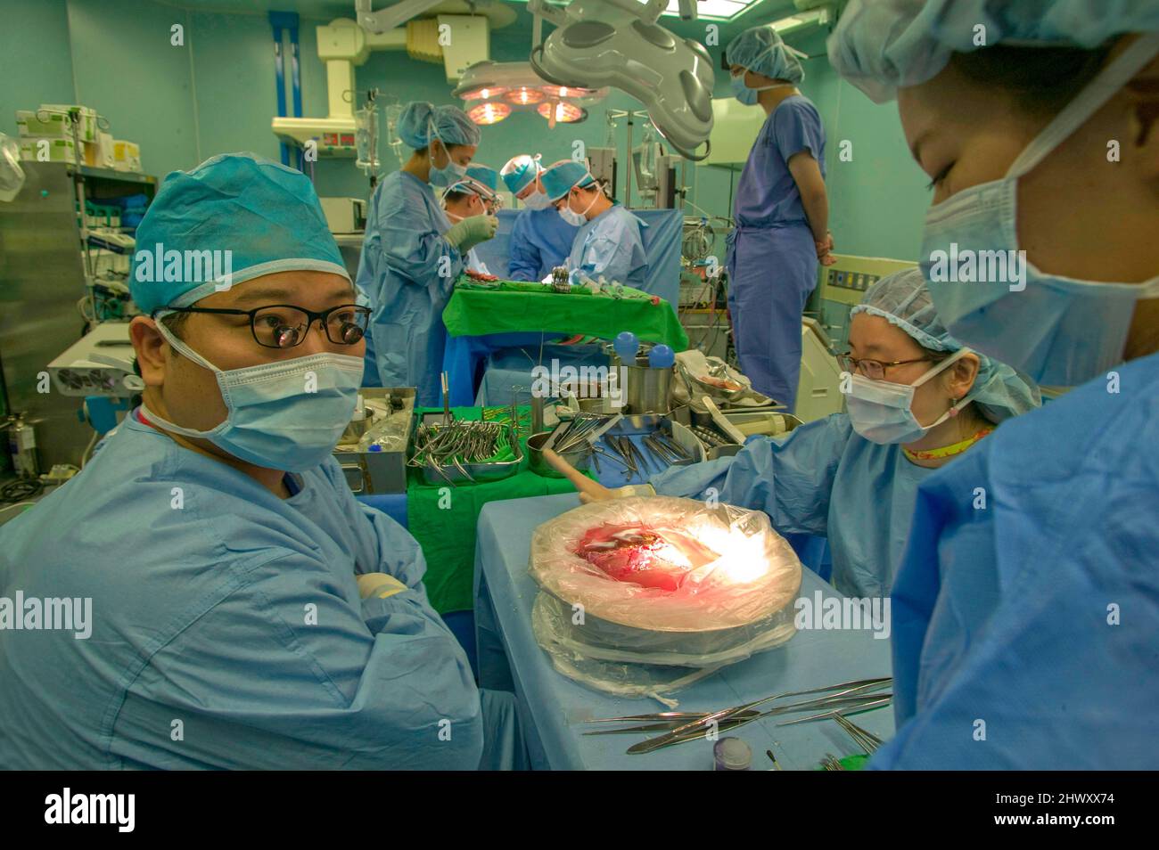 Chirurgiens effectuant une greffe du foie au Samsung Medical Center, Séoul, Corée du Sud Banque D'Images