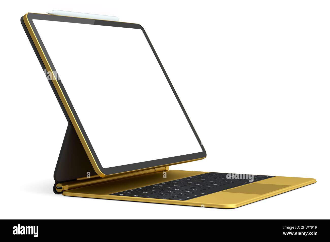 Tablette d'ordinateur dorée avec clavier et écran vierge isolé sur fond blanc. 3D concept de rendu de l'équipement de créateur et du travail compact Banque D'Images Tablette d'ordinateur dorée avec clavier et écran vierge isolé sur fond blanc. 3D concept de rendu de l'équipement de créateur et du travail compact Banque D'Images