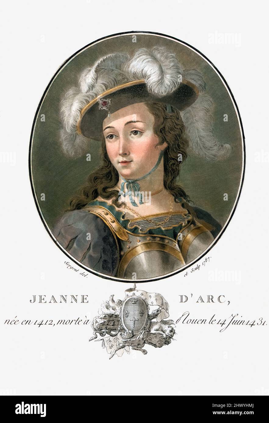 Jeanne d'Arc, 1412 -1431, alias Jeanne d'Arc, la Maid d'Orléans ou Jeanne la Pucelle. Héroïne française et Saint de l'église catholique. Après une oeuvre d'Antoine-François Sergent-Marceau dans l'édition 1792 de Portraits des Grands hommes, femmes illustres et sous-jets mémorables de France, graviers et imprimés en couleurs. Banque D'Images