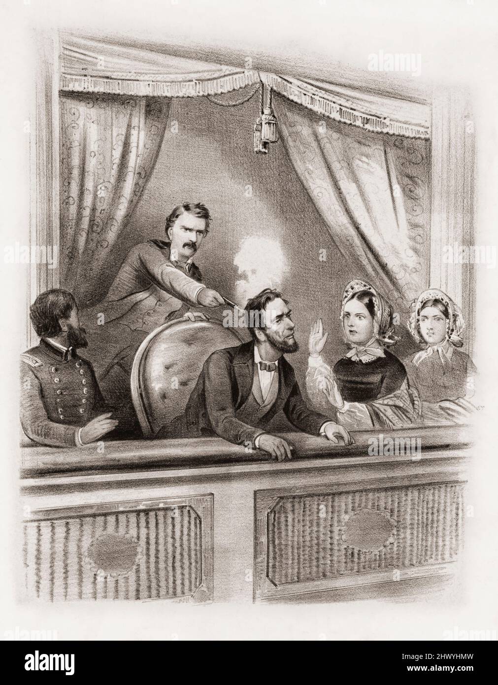 L'assassinat le 14 avril 1865 du président Abraham Lincoln par John Wilkes Booth au théâtre Ford, Washington, pendant la pièce notre cousin américain. Après une illustration contemporaine. Banque D'Images