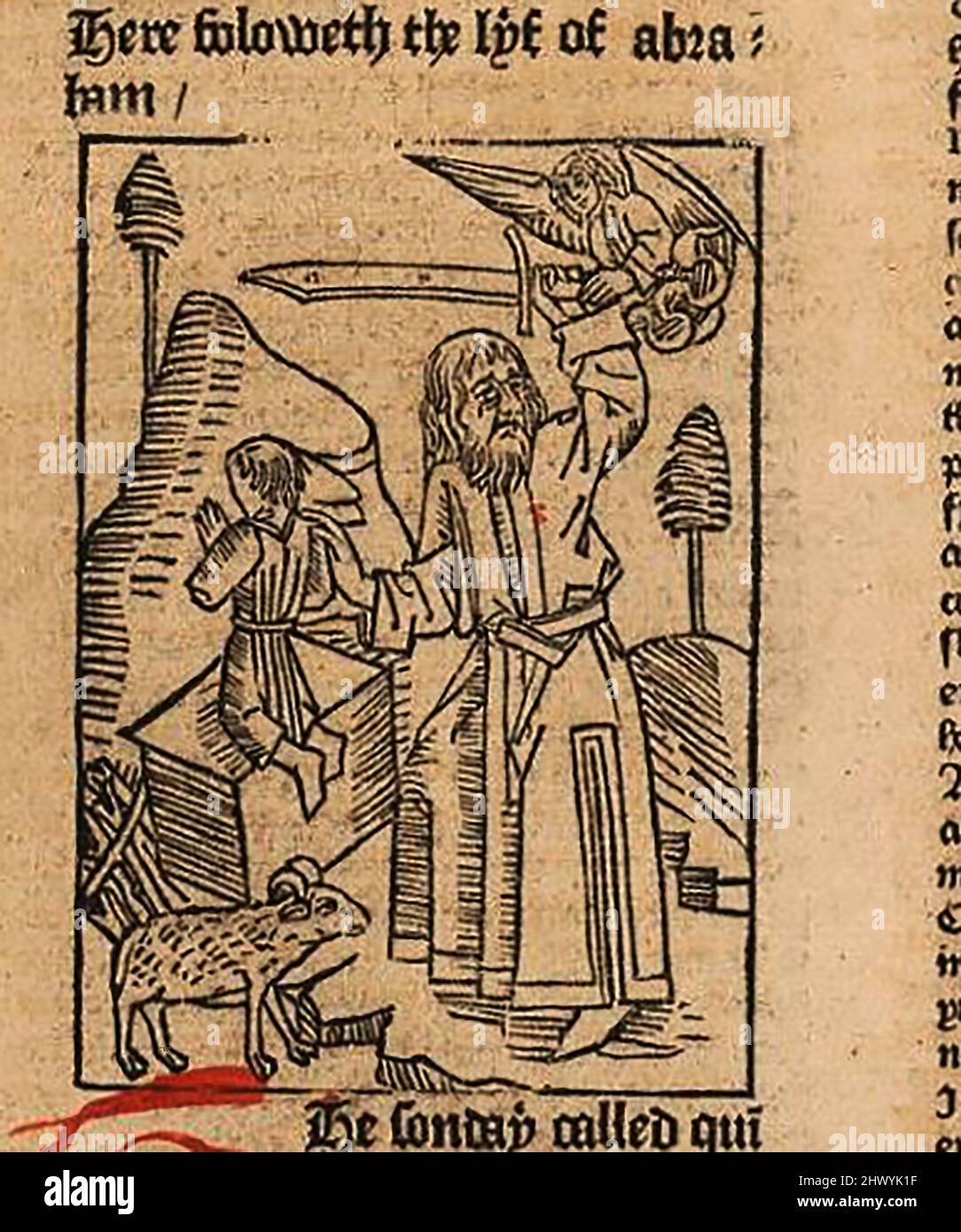Coupe de bois du 15th siècle montrant Abraham se préparant à sacrifier son fils, imprimé par William Caxton ( 1422-1491/92) dans sa traduction de 'la Légende d'Or' ou 'donc endethe legende nommé dans Lattin legenda aurea qui est à saye en Englyshe la legende dorée' par Jacobus, de Voragine, (Circa 1229-1298). Banque D'Images