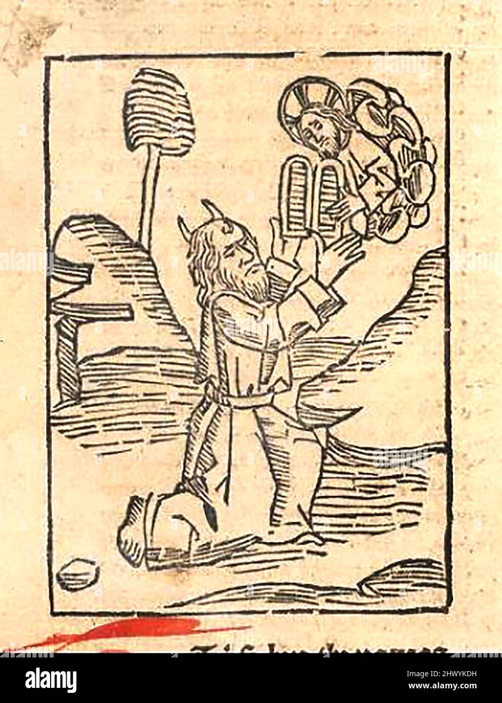 Coupe de bois du 15th siècle montrant le Diable aka Lucifer face à un ange portant une harpe, imprimé par William Caxton ( 1422-1491/92) dans sa traduction de 'la Légende d'Or' ou 'donc endeth la legende nommé à Latyn legenda aurea qui est à saye en Englyshe la legende d'or' par Jacobus, De Voragine (Circa 1229-1298). Banque D'Images