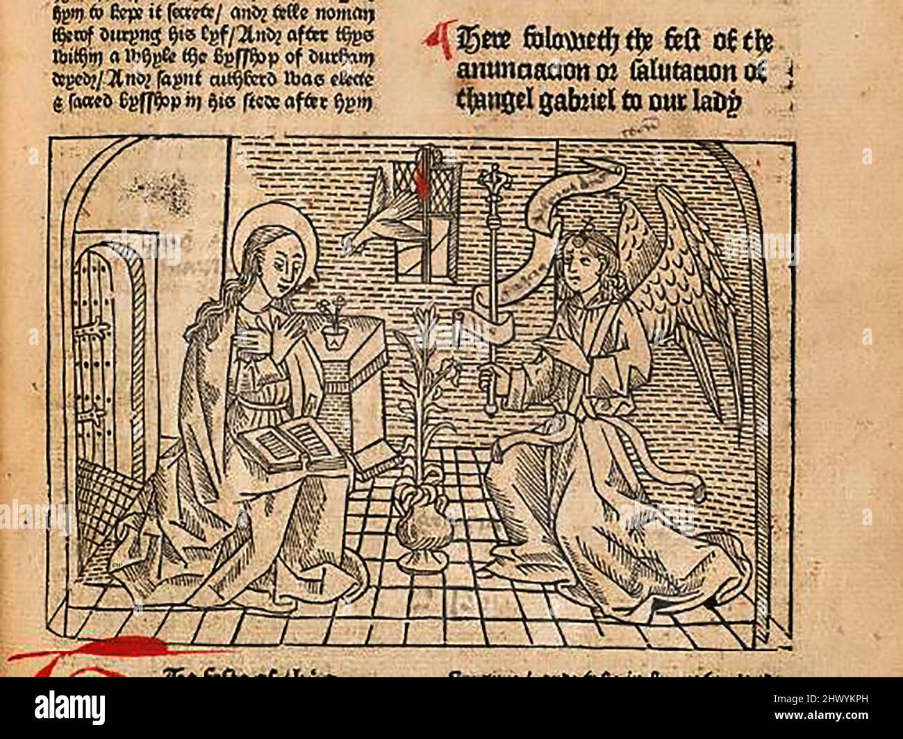 15th siècle coupe de bois montrant l'archange Gabriel s'adressant à notre dame (Vierge Marie) imprimé par William Caxton ( 1422-1491/92) dans sa traduction de 'la Légende d'Or' ou 'donc endeth la legende nommée dans Latyn legenda aurea qui est à saye in Englyshe la legende dorée' par Jacobus, de Voragine, (Circa 1229-1298). Banque D'Images