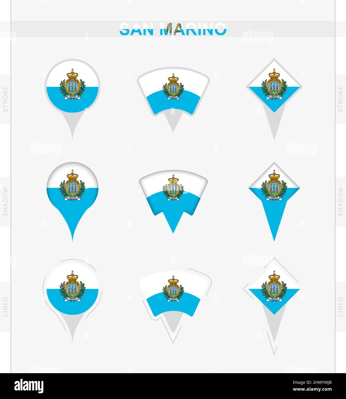 Drapeau de Saint-Marin, ensemble d'icônes d'emplacement de drapeau de Saint-Marin. Illustration vectorielle des symboles nationaux. Illustration de Vecteur