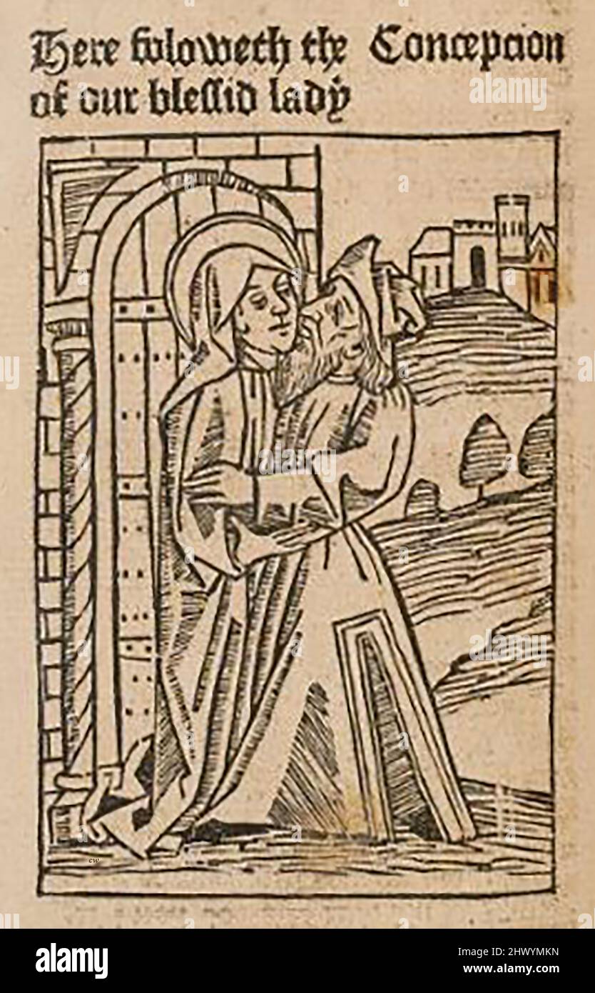 Une coupe de bois inhabituelle de 15th siècles montrant la conception (conventionnelle) de la Sainte-Dame ou de la Vierge Marie par Joseph son mari; Imprimé par William Caxton ( 1422-1491/92) dans sa traduction de 'la Légende d'Or' ou 'donc endeth la legende nommée dans Latyn legenda aurea qui est à saye in Englyshe la legende d'or' par Jacobus, de Voragine, (Circa 1229-1298). Banque D'Images