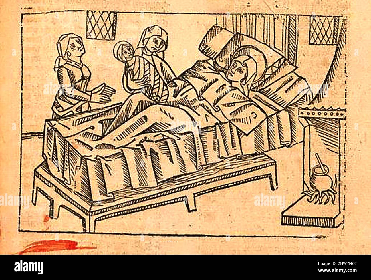Coupe de bois du 15th siècle montrant la nativité de la Vierge Marie (non du Christ) imprimée par William Caxton ( 1422-1491/92) dans sa traduction de 'la Légende d'Or' ou 'donc endethe legende nommé dans Latyn legenda aurea qui est à saye in Englyshe la legende d'or' par Jacobus, de Voragine, (Circa 1229-1298). Banque D'Images