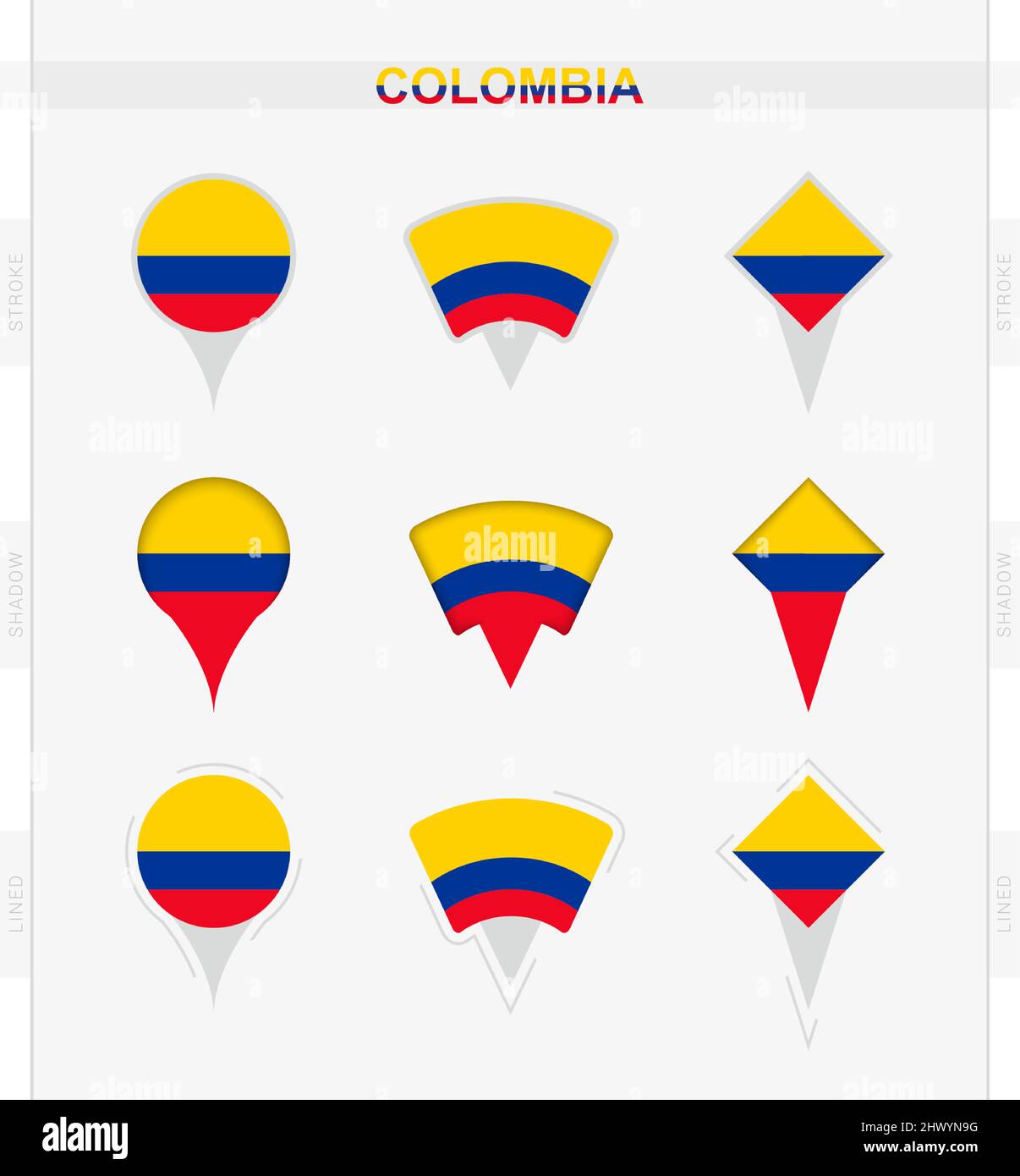 Drapeau de Colombie, ensemble d'icônes de broche de localisation du drapeau de Colombie. Illustration vectorielle des symboles nationaux. Illustration de Vecteur