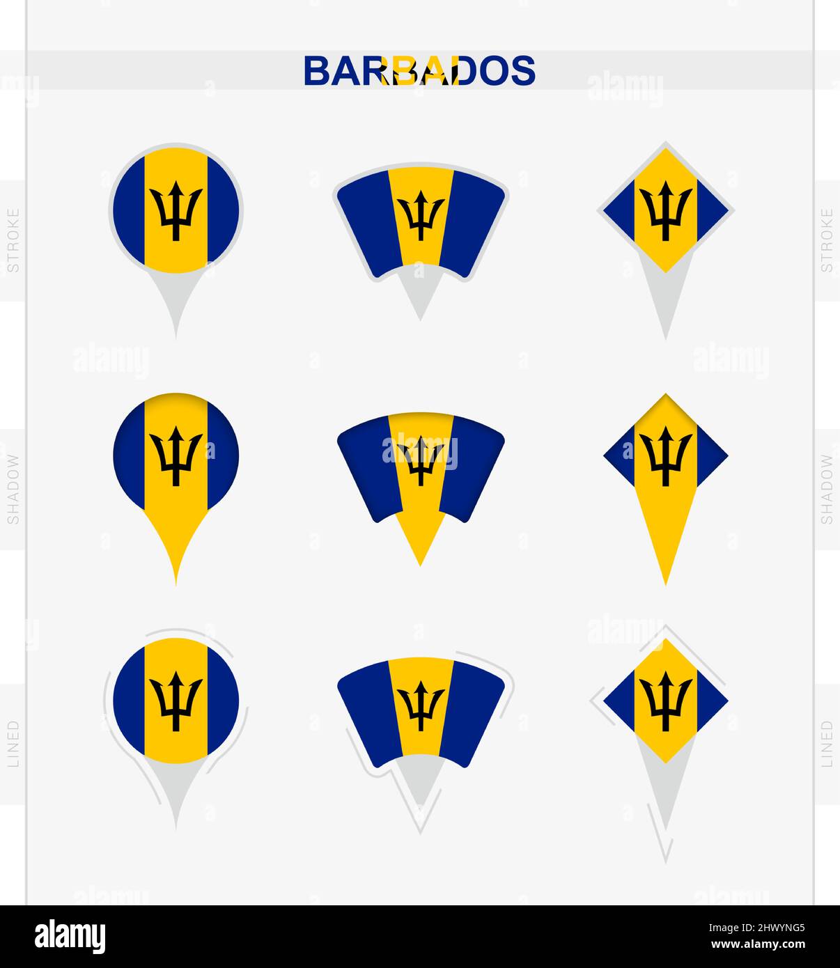 Drapeau de la Barbade, ensemble d'icônes d'épingles d'emplacement du drapeau de la Barbade. Illustration vectorielle des symboles nationaux. Illustration de Vecteur