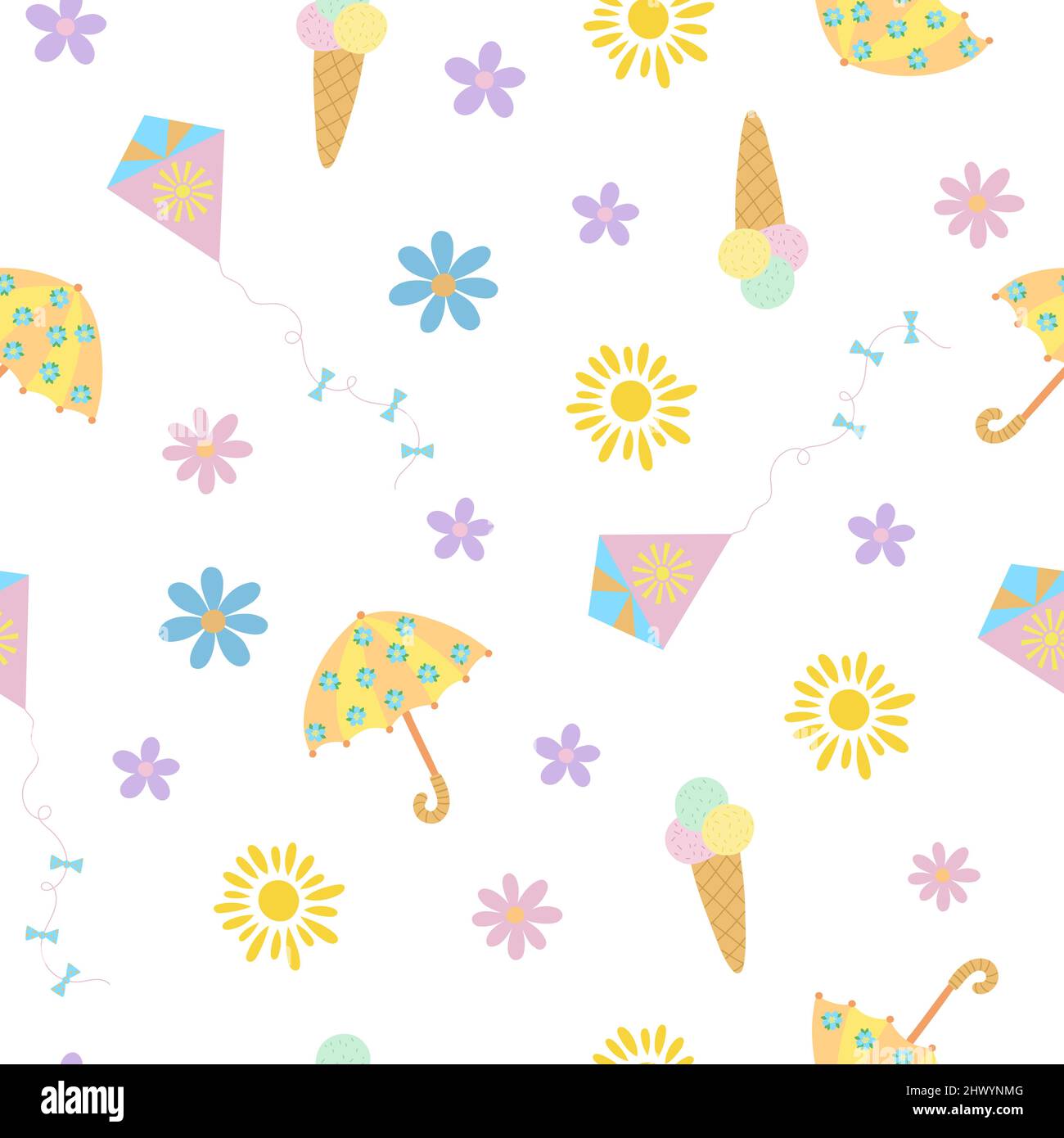Vacances de Pâques ou été traditionnel amusant fleurs, parapluie, soleil, cerf-volant, crème glacée coloré sans couture motif, illustration vectorielle de style plat, décoration de printemps de l'époque, motif d'été, papier cadeau, bannière Illustration de Vecteur