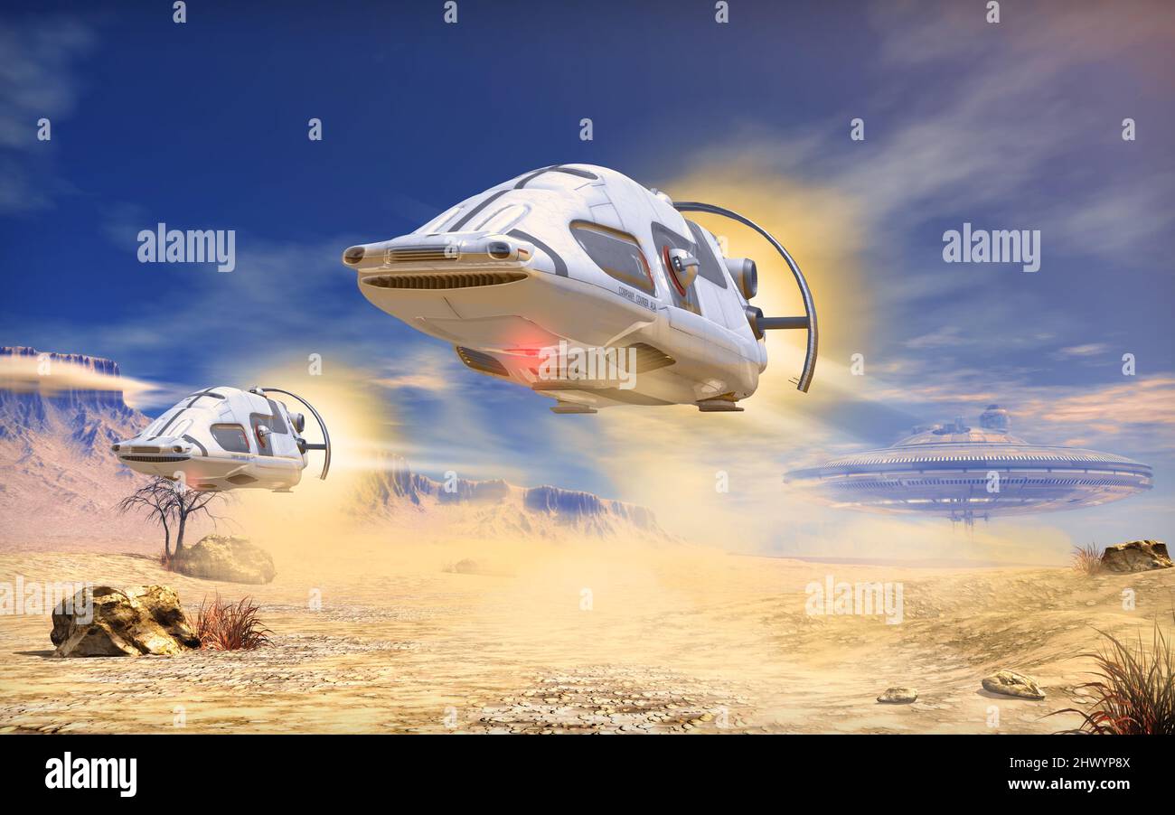 Des vaisseaux spatiaux futuristes volant d'une station spatiale à travers un paysage extraterrestre, rendu 3D. Banque D'Images