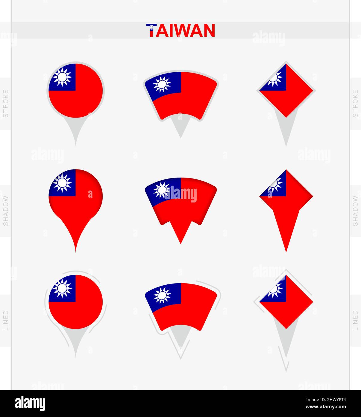 Drapeau Taïwan, ensemble d'icônes de code PIN de localisation du ...