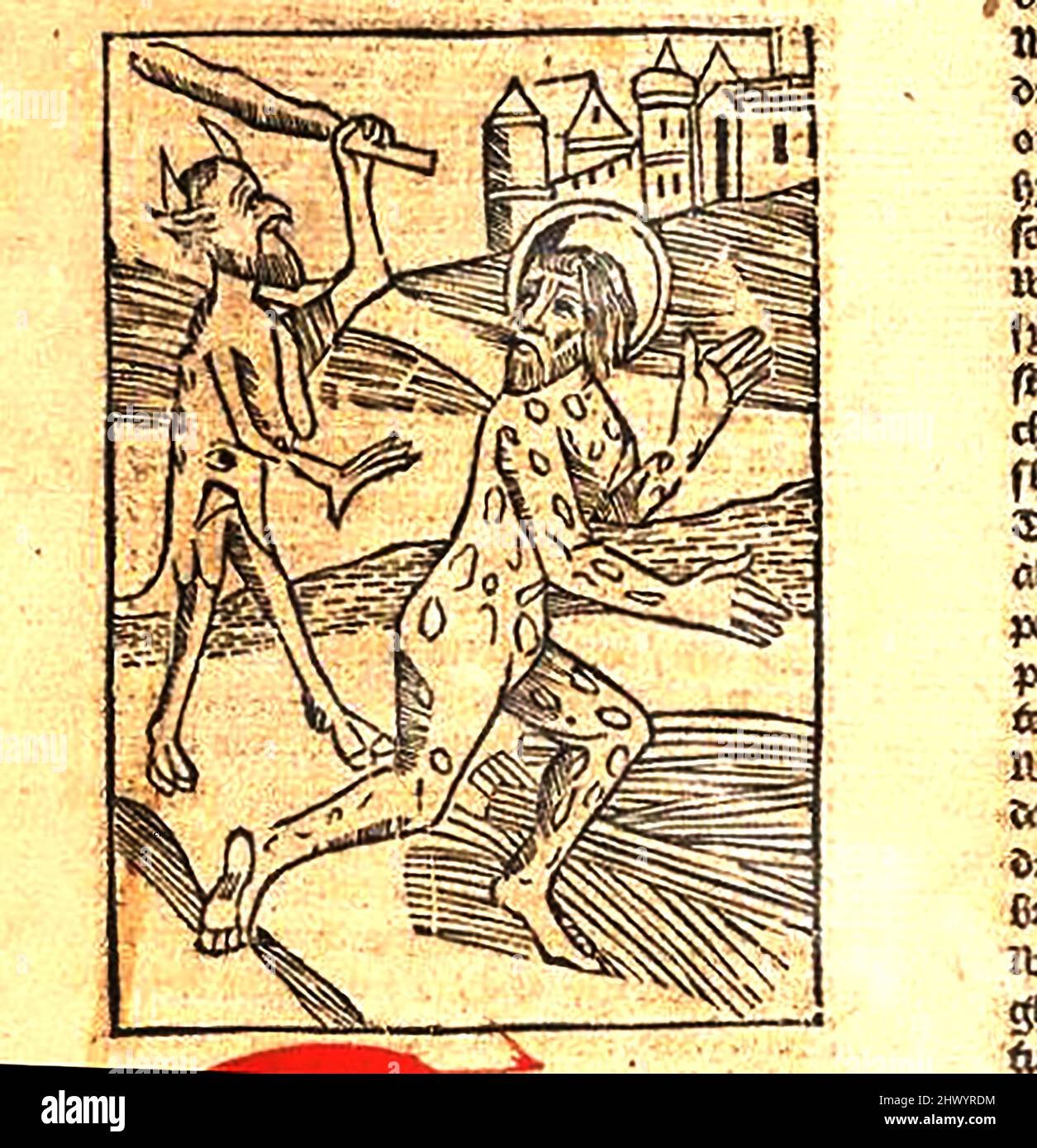 15th siècle coupe de bois montrant le Diable test Job en couvrant son corps avec des boils, imprimé par William Caxton ( 1422-1491/92) dans sa traduction de 'la Légende d'Or' ou 'donc endeth la legende nommé à Latyn legenda aurea qui est à saye en Englyshe la legende d'or' par Jacobus, de Voragine, (Vers 1229-1298). Banque D'Images