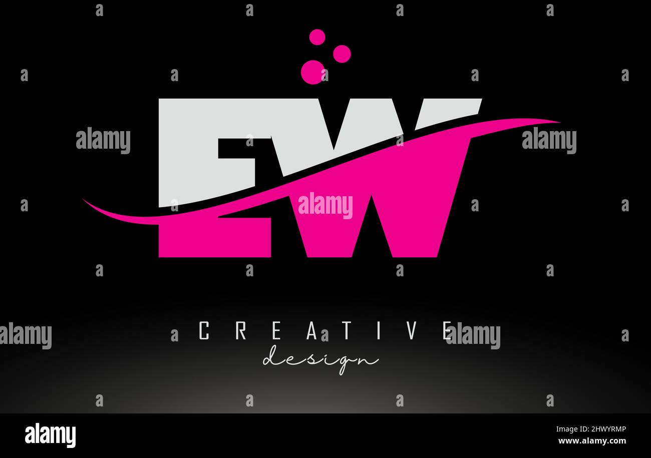 Logo lettre blanc et rose EW E W avec Swoosh blanc, points et lignes courbes. Illustration de Vecteur