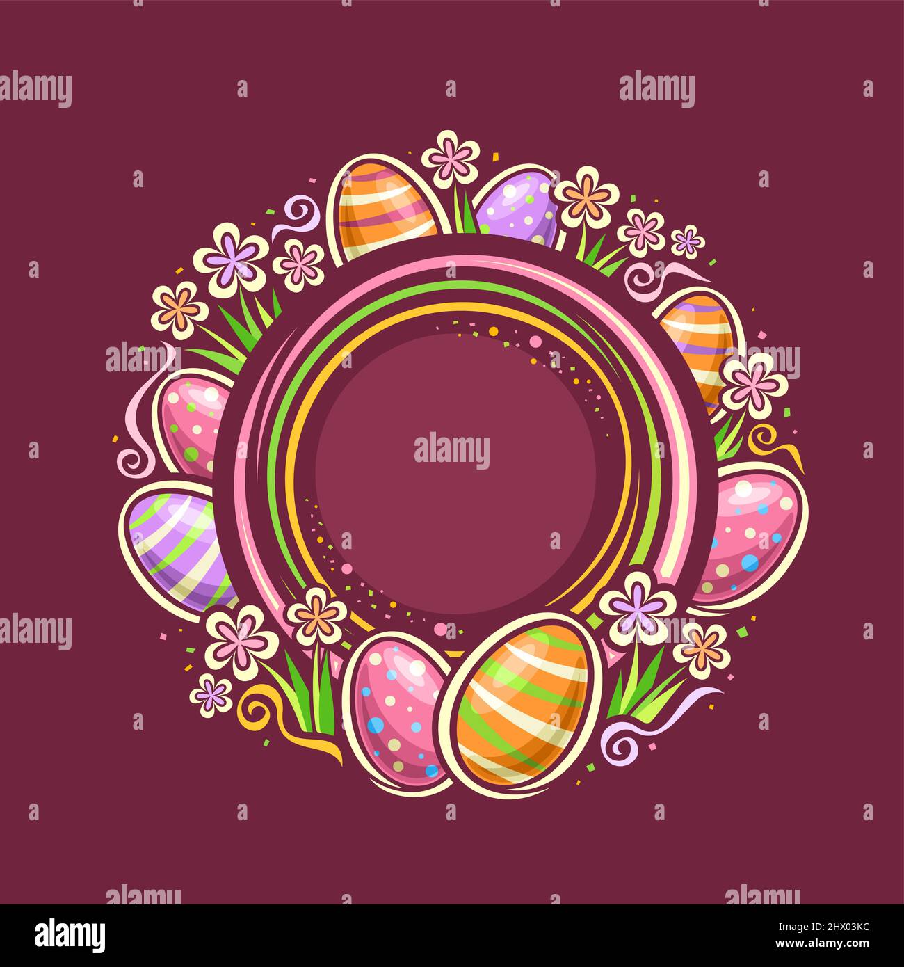 Cadre vectoriel pour les vacances de Pâques avec espace pour le texte, badge rond avec illustration de nombreux oeufs de pâques de variété avec fleurs de printemps, flo décoratif Illustration de Vecteur