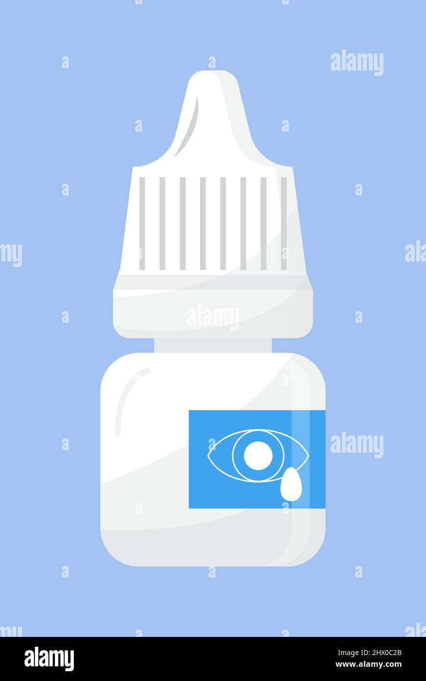 Icône de bouteille Eye Drops. Gouttes pharmaceutiques pour les oreilles ou les yeux. Simple vecteur de médicament médical sur fond bleu et de style plat. Illustration de Vecteur