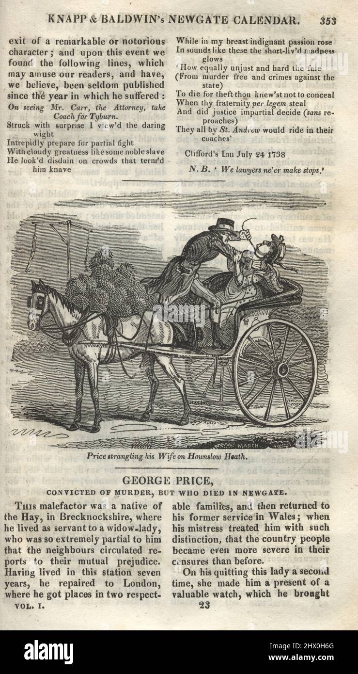 Page du Calendrier Newgate, George Price, qui fait la pêche à la ligne de son épouse sur Hounslow Heath, 22nd octobre 1738 Banque D'Images