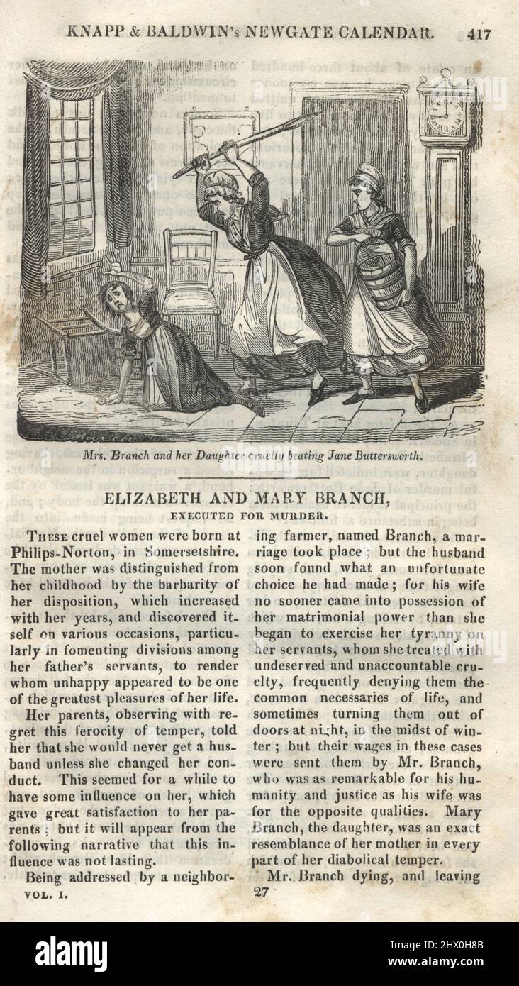 Page du calendrier Newgate, Elizabeth et Mary Branch, battant cruelle Jane Butterworth, 18th siècle. Elizabeth Branch (1672 – 3 mai 1740) était une assasseuse anglaise. Elle et sa fille avaient une réputation de violence, surtout envers leurs serviteurs. En février 1740, la paire décida que sa femme de ménage délaitait sur une errand et battit le serviteur à mort. Banque D'Images